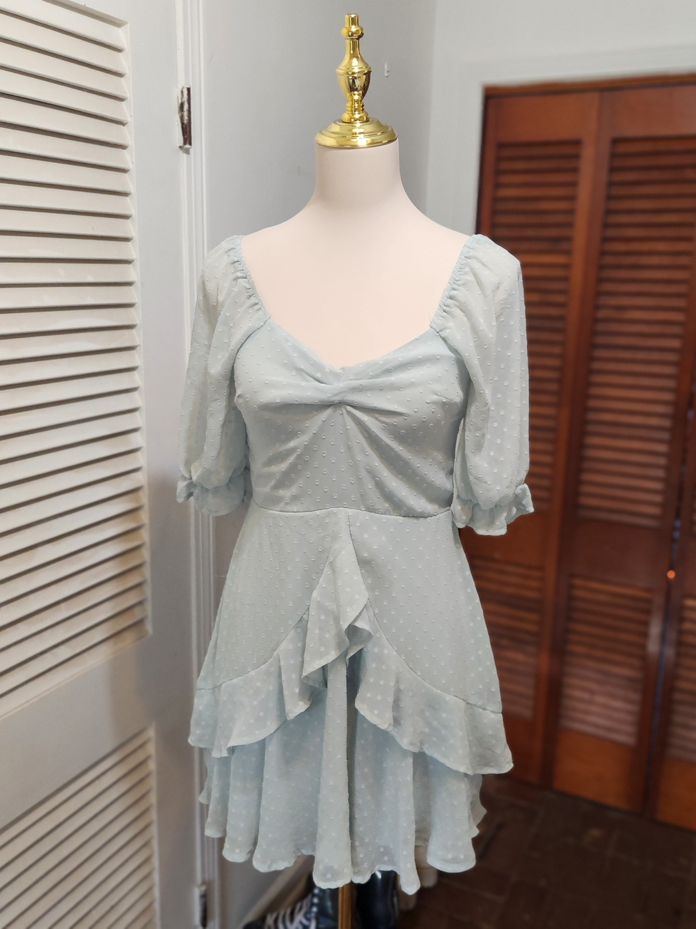 Light Blue Puff Sleeve Ruffle Mini Dress - Picture 10 of 12